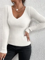 2026 Autumn Winter Women Solid Rib Knit V Neck Stripe Pull Sweater - Image 2