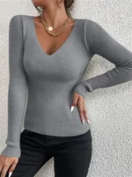 2026 Autumn Winter Women Solid Rib Knit V Neck Stripe Pull Sweater