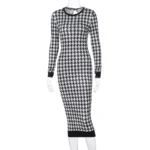 Houndstooth Print Women Long Sleeve Midi Dress Hollow Out Bodycon - Image 5