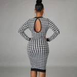 Houndstooth Print Women Long Sleeve Midi Dress Hollow Out Bodycon - Image 4