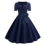 Women Square Collar Elegant Vintage Summer Dress Short Sleeve Midi Dress Robe - Image 4