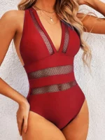 2023 New Sexy Mesh Patchwork Swimwear Women One Piece Swimsuit Female Deep V-neck - Image 4