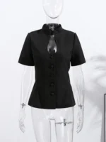 Stand Collar Single Breasted Women Blazer Fashion Solid Short Sleeve - Image 3