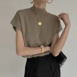 Fashion Vest Shirt Solid Stand-up Collar Knitted Sweater Short Sleeve Office - Image 6