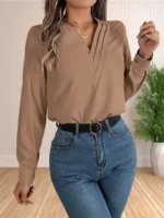 Women's Elegant Business Office Blouse Layered V Neck Long Sleeve