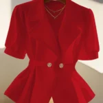 Women's Red Short Sleeve Blazer Office Work Business Casual Jacket