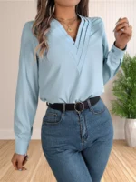 Women's Elegant Business Office Blouse Layered V Neck Long Sleeve - Image 6
