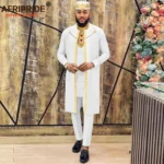 African Clothes for Men Agbada Robes Embroidery Shirts Pants Hats 4 Piece Set