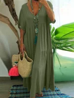 plus Size Women's Casual Loose V-Neck Solid Long Dress - Image 2