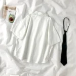 White Shirt Women Blusas Short Sleeve Lapel Blouse with Tie Japanese Fashion - Image 2