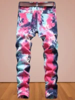 Europe and America wind new men's high street jeans tie-dyed red and blue contrast - Image 2