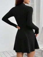 Women's slim fit half high collar waist cinched A-line skirt long sleeved pit stripe dress - Image 2