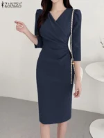 ZANZEA Women’s Sexy V-Neck Bodycon Party Dress, Ruched Waist Knee Length Dress 3/4 Sleeve - Image 3