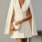 Women Fashion Commuter Solid Blazers Dress Office Double Breasted Waist Party Dress