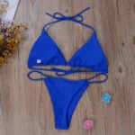Pink Swimsuit Bikini Women Solid Color Sexy High Leg Thong Swimwear - Image 2