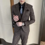 British Korean Style High Quality Modified Plaid Three-Piece Suit for Men - Image 2