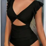 Contrast Mesh One Piece Swimsuit, V Neck Solid Color Backless Tummy Control High Cut Bathing Suit
