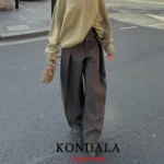 KONDALA Casual Chic Wide Leg Pants Women Office Lady Pockets Pleated Long Trousers - Image 4