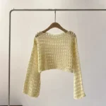 Long Sleeve Crochet Knit Top Summer Beach Bikini Cover Up Crop Pullover - Image 5