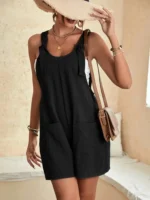 Women Summer Casual Short Rompers Elegant Solid Sleeveless Tie Knot Strap Jumpsuits - Image 6