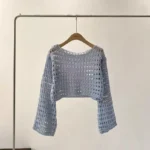 Long Sleeve Crochet Knit Top Summer Beach Bikini Cover Up Crop Pullover - Image 3