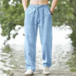 2025 summer men's cotton and linen oversized wide leg pants, men's artistic style elastic waist - Image 2
