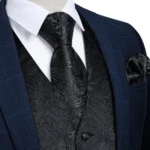 Suit Vest for Men Black Solid Paisley Wedding Prom Groom - Image 2