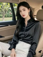 Elegant Silk Office Shirts Women Korean Fashion Y2k Clothes Slim Long Sleeve - Image 4