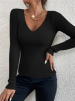 2026 Autumn Winter Women Solid Rib Knit V Neck Stripe Pull Sweater - Image 3