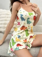 Dinosaur Print Cami Top And Ruffle Hem Shorts Pajama Set For Women - Image 3
