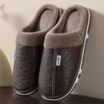 Mens Winter Slippers PU Leather Waterproof Indoor House Shoes - Image 3
