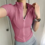 Women Summer Slim Yoga Tops Stand Collar Full Zipper Short Sleeves Shirts - Image 5