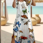 Elegant Summer Plus Size V-Neck Butterfly Print Dress - Split Hem Short Sleeve Women's Fashion