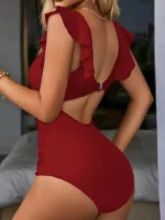 Contrast Mesh One Piece Swimsuit, V Neck Solid Color Backless Tummy Control High Cut Bathing Suit - Image 3