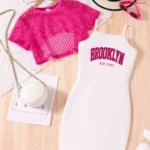 Summer girls' fashion dress two-piece set, white letter printed suspender dress, mesh short sleeved top