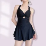 Swimming Suit for Women Solid Color Slimming One-piece Dress Style Conservative Waist - Image 2
