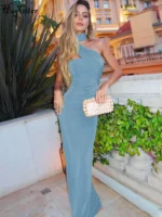 Hugcitar Halter Solid Sleeveless Backless Ruched Sexy Bodycon Maxi Prom Dress - Image 3