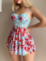 Women's Lace Underwire Floral Babydoll Nightgown，Flowy Lingerie Dress, one-piece sleep skirt - Image 5