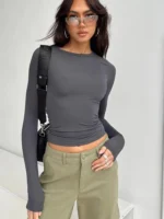 Women Casual Long Sleeve T-Shirts Spring Autumn Solid Slim Fit Pullovers Tees Shirts