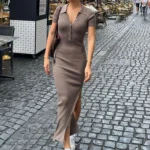 Kliou Elegant Office Lady Maxi Dress Women Solid Fashion Turn-down Collar Short Sleeve