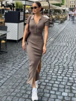 Kliou Elegant Office Lady Maxi Dress Women Solid Fashion Turn-down Collar Short Sleeve