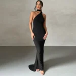 Dulzura One Shoulder Backless Ruched Slim Ribbon Long Dress Women Solid Sexy Elegant Dress - Image 4