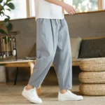 Men's Trousers Cotton Linen Fashion Casual Pants Solid Color Breathable Loose Shorts - Image 4