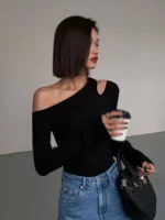 Fashion Skew Collar Off-shoulder Long-sleeved T-shirts Slim Fit Crop Top Sexy - Image 4