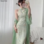 2025 Summer Women Qipao Dress Sleeveless Sexy High Slit Silk Cheongsam