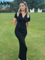 Kliou Elegant Office Lady Maxi Dress Women Solid Fashion Turn-down Collar Short Sleeve - Image 4