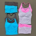 2 Pieces Shorts Yoga Set Women Backless Halter Tops High Waist Seamless Shorts Gym Suit - Image 3