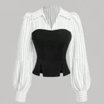 Women's Fashion Striped Spliced Lapel Shirt Elegant Fashion Style Business Casual Office Wear
