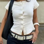 Tuularose Fashion New T-Shirt Women's Casual Solid Slim-Fit Crew Neck Cardigan T-Shirt - Image 5