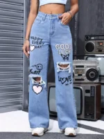 Women's High Waist Button Up Butterfly Print Jeans Fashion